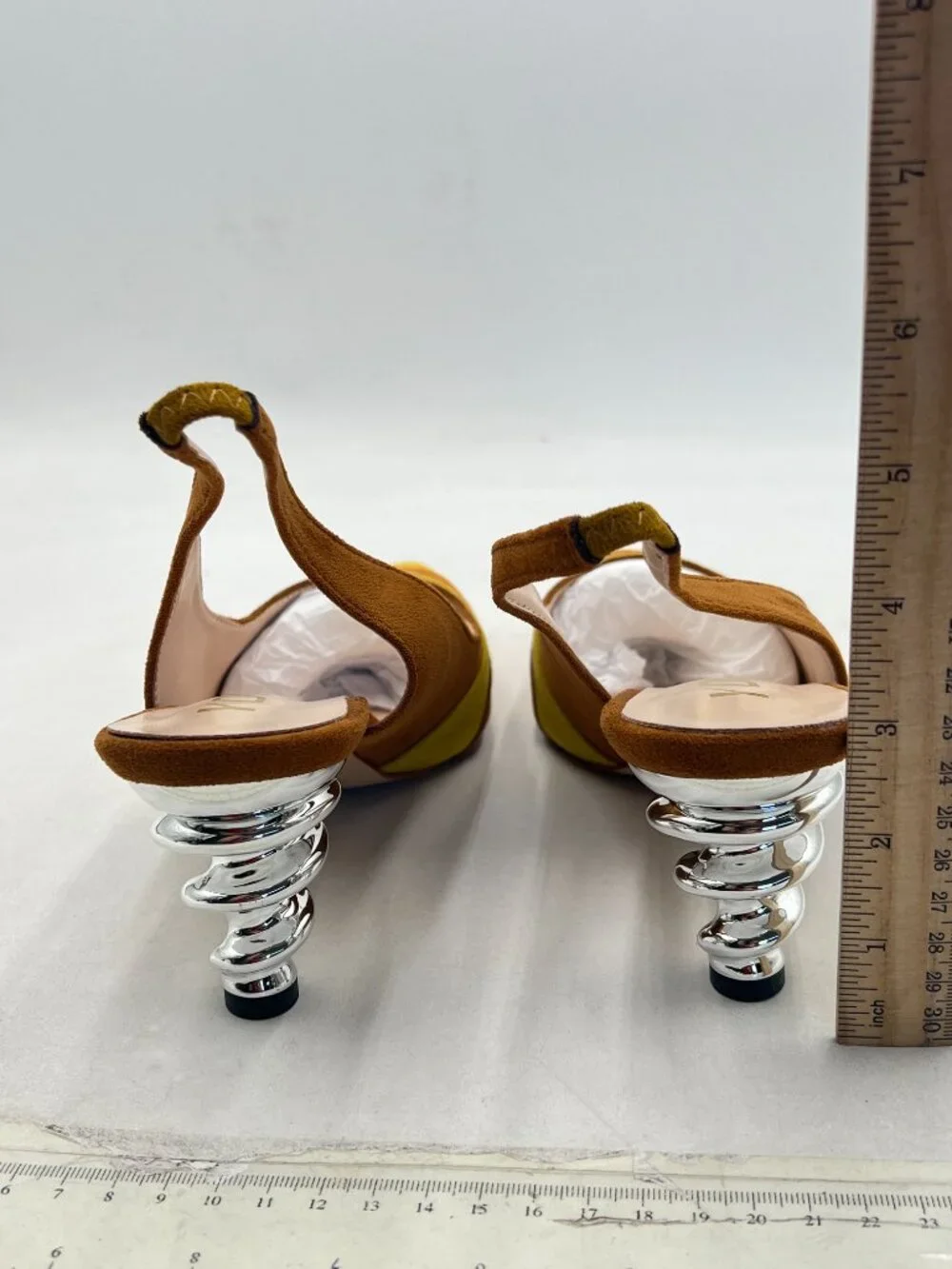 YDN Yellow Floral Metallic Spiral Heels Slip On Sandals Slingback Elastic Pumps